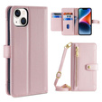 Etui z klapką do iPhone 14, Wallet Zipper Pocket, różowe