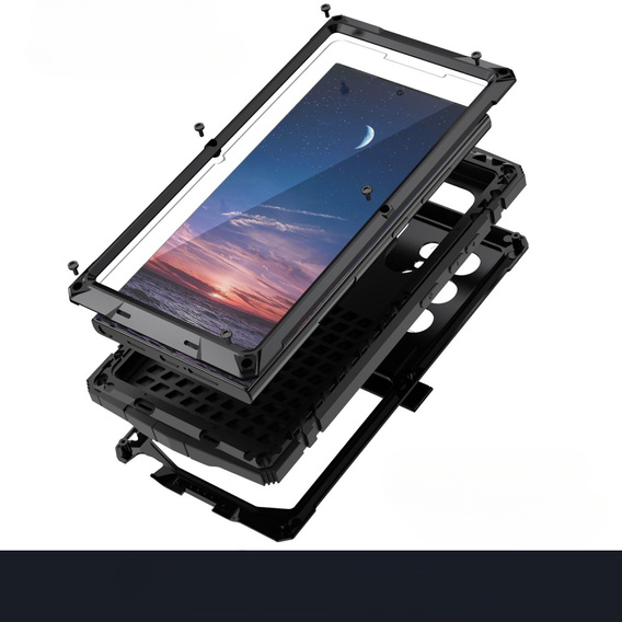 Etui pancerne do Samsung Galaxy S25 Ultra, R-JUST, ze szkłem i podstawką, czarne