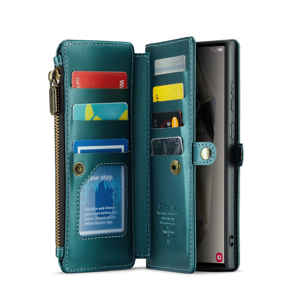 Etui CASEME do Samsung Galaxy S25 Ultra, RFID Leather Wallet, z paskiem na ramię, zielone