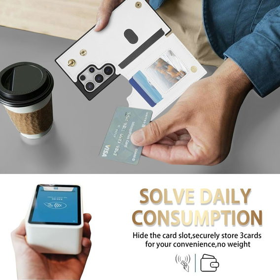 Etui do Samsung Galaxy S25 Ultra z paskiem na nadgarstek, kieszonkami i funkcją podstawki – białe