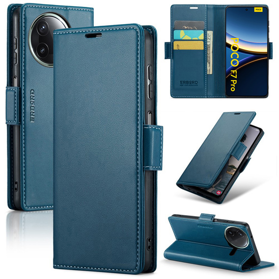 Etui do Xiaomi Poco F7 Pro, ERBORD Glossy Litchi, portfel z klapką, niebieskie