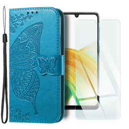 Zestaw Etui z klapką do Galaxy A33 5G, Motyl, Niebieskie + szkło