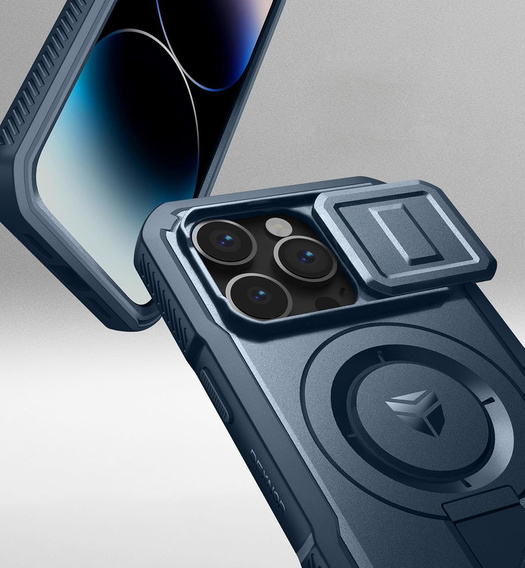 Etui Dexnor do iPhone 14 Pro – magnetyczne, z przesuwaną osłoną aparatu - niebieskie