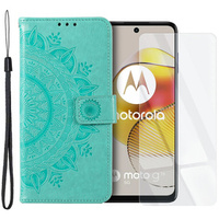 Zestaw Etui z klapką do Motorola Moto G73 5G, portfel Mandala, Zielone + szkło