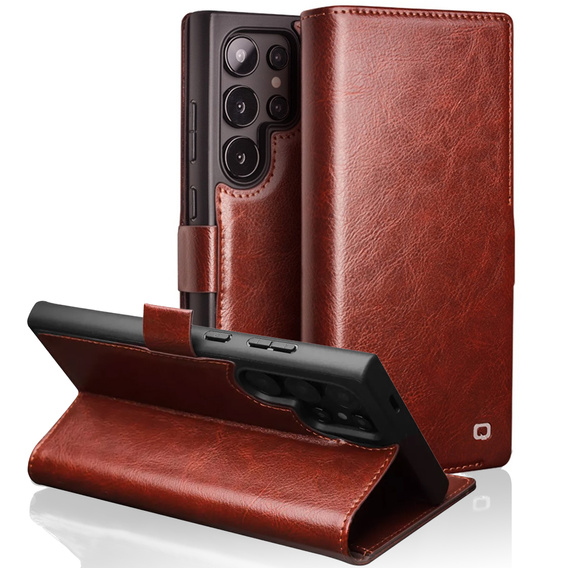 Etui z klapką do Samsung Galaxy S25 Ultra, QIALINO Leather Wallet, ciemnobrązowe