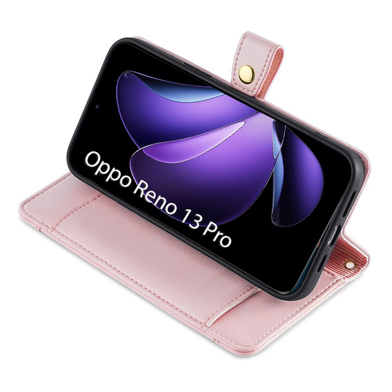 Etui z klapką do Oppo Reno 13 Pro, Wallet Zipper Pocket, różowe