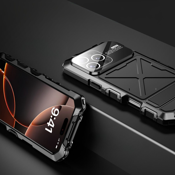 Etui R-Just RJ09-1 do iPhone 16 Pro – czarne, aluminiowe, z silikonową ramką i szkłem hartowanym