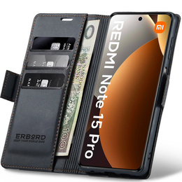 Etui do Xiaomi Redmi Note 15 Pro 4G, ERBORD Glossy Litchi, portfel z klapką, czarne