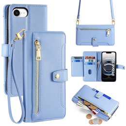 Etui z klapką do iPhone 16E, Wallet Zipper Pocket, niebieskie