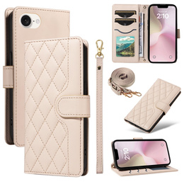 Etui z klapką do iPhone 16E, Rhombus Crossbody Leather, beżowe