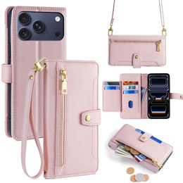 Etui z klapką do iPhone 17 Pro, Wallet Zipper Pocket, różowe