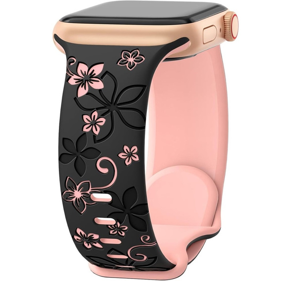 Pasek Silikonowy do Apple Watch 1/2/3/4/5/6/7/8/9/10/11/SE 38/40/41/42mm, Floral, Czarny / Różowy
