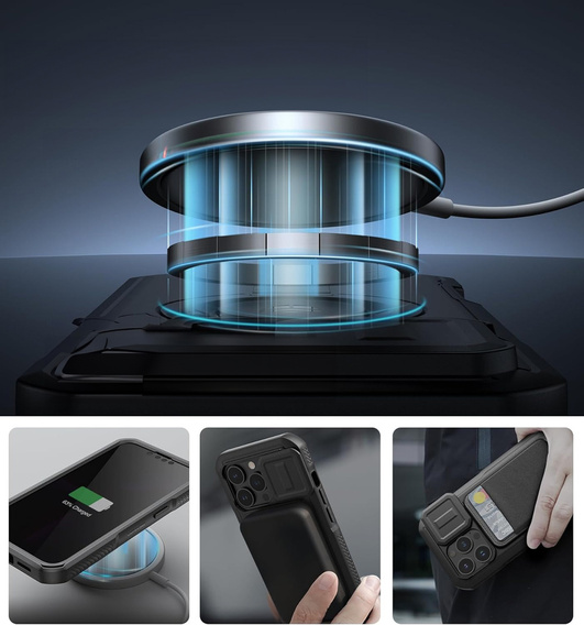 Etui pancerne do iPhone 13 Pro, Dexnor CamProtect MagSafe, z folią prywatyzującą, czarne (Dwie ramki)