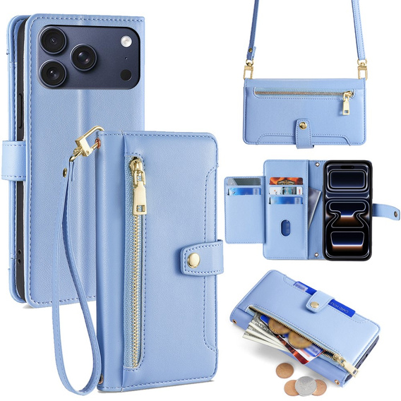 Etui z klapką do iPhone 17 Pro, Wallet Zipper Pocket, niebieskie