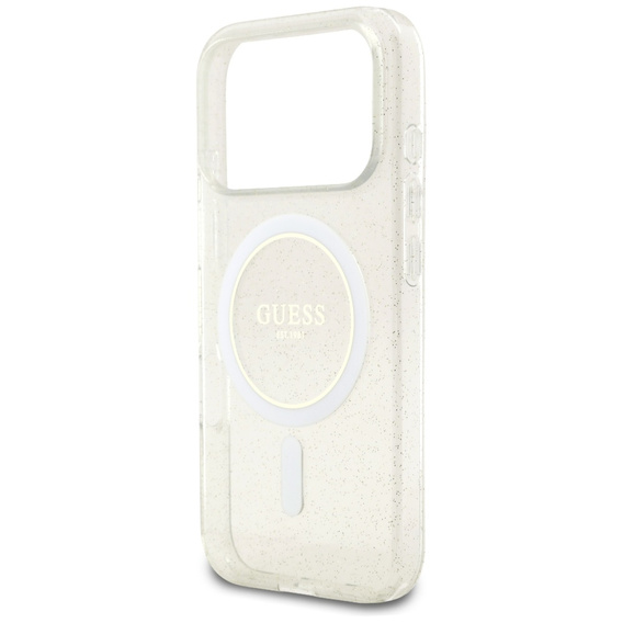 Etui GUESS do iPhone 17 Pro Max, IML Glitter Pearl Strap, do MagSafe, z paskiem, przezroczyste
