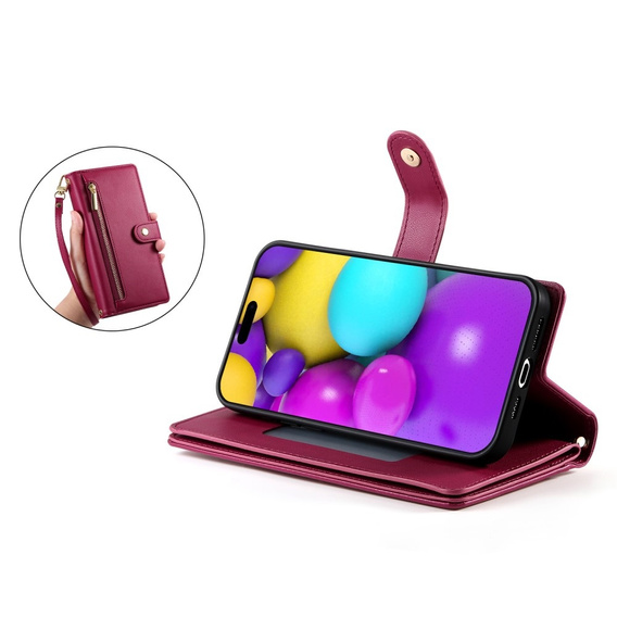 Etui z klapką do iPhone 16 Plus, Wallet Zipper Pocket, czerwone