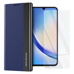 Zestaw Etui do Samsung Galaxy A34 5G, Side Magnetic z klapką, Granatowe + szkło