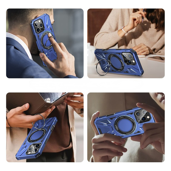 Etui do iPhone 16 Pro, pancerne z podstawką i blaszką do uchwytu, niebieskie