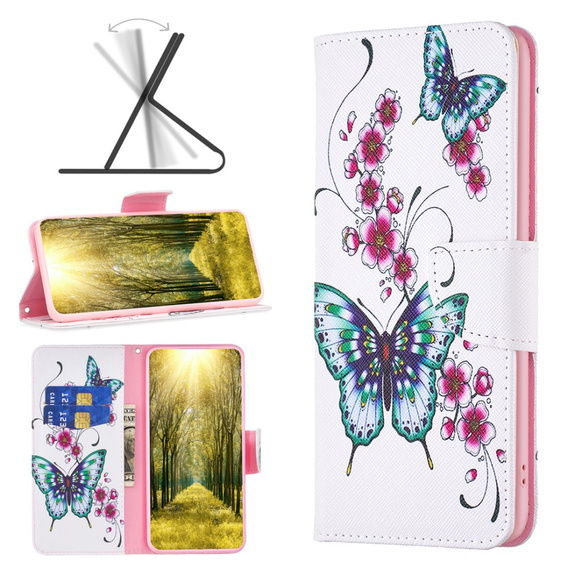 Etui z klapką do Xiaomi Redmi Note 13 5G, Wallet, Butterflies & Flowers białe