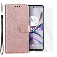 Zestaw Etui z klapką do Motorola Moto G53 5G, portfel Mandala, Różowe rose gold + szkło