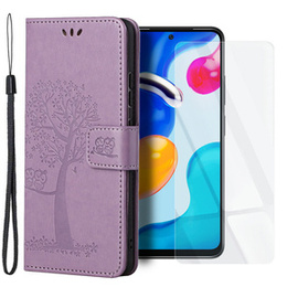 Zestaw Etui z klapką do Xiaomi Redmi Note 11/11S, Drzewo, fioletowe + szkło