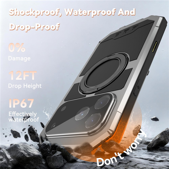 Etui pancerne do iPhone 17 Pro Max, R-JUST, do MagSafe, z podstawką, srebrne