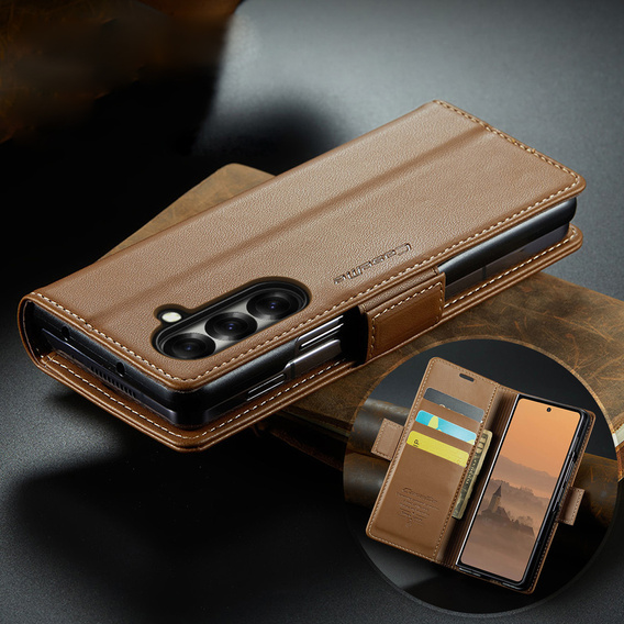 Etui z klapką CASEME do Samsung Galaxy Z Fold7 5G Litchi Wallet – brązowe