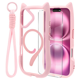 Etui do iPhone 16, do MagSafe, Cute Cat, różowe + Szkło na ekran