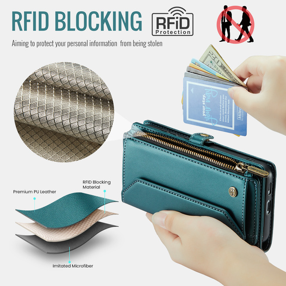 Etui CASEME do Samsung Galaxy S25 FE, RFID Leather Wallet, z paskiem na ramię, zielone