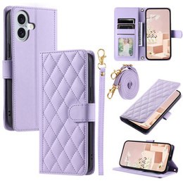 Etui z klapką do iPhone 16, Rhombus Crossbody Leather, fioletowe