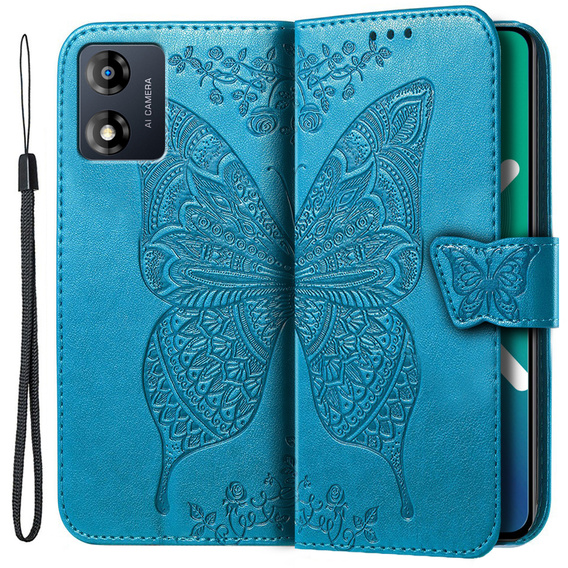 Zestaw Etui do Motorola Moto E13, z klapką portfel, Motyl, Niebieskie + Szkło