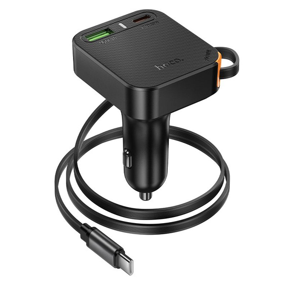 Ładowarka samochodowa Hoco NZ18 2 × USB-C + USB-A QC/PD 65 W ze zwijanym kablem USB-C – czarna