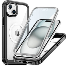 Etui do iPhone 15 Plus, Pancerne Full Protect 360° do MagSafe, szkło na ekran, czarne