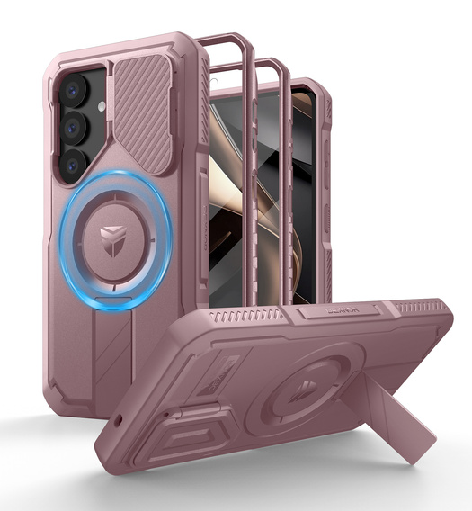 Etui pancerne do Samsung Galaxy S25, Dexnor CamProtect MagSafe, różowe (Dwie ramki)
