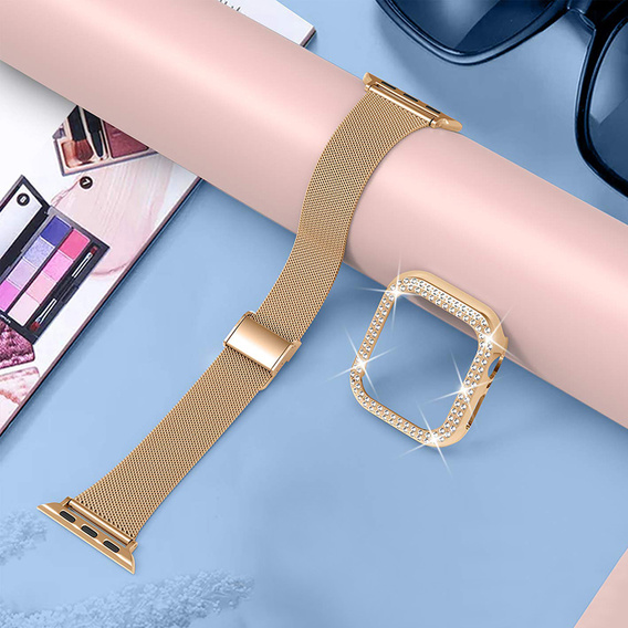 Bransoleta + Etui z Diamentami do Apple Watch 4/5/6/SE 44mm, Różowe złoto