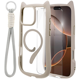 Etui do iPhone 16 Pro Max, do MagSafe, Cute Cat, szare + Szkło na ekran