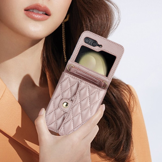 Etui skórzane Card Slots do Samsung Galaxy Z Flip7 FE / Z Flip6, różowe złoto
