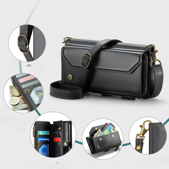 Etui CASEME do iPhone 16e RFID Leather Wallet, RFID Leather Wallet, z paskiem na ramię, czarne