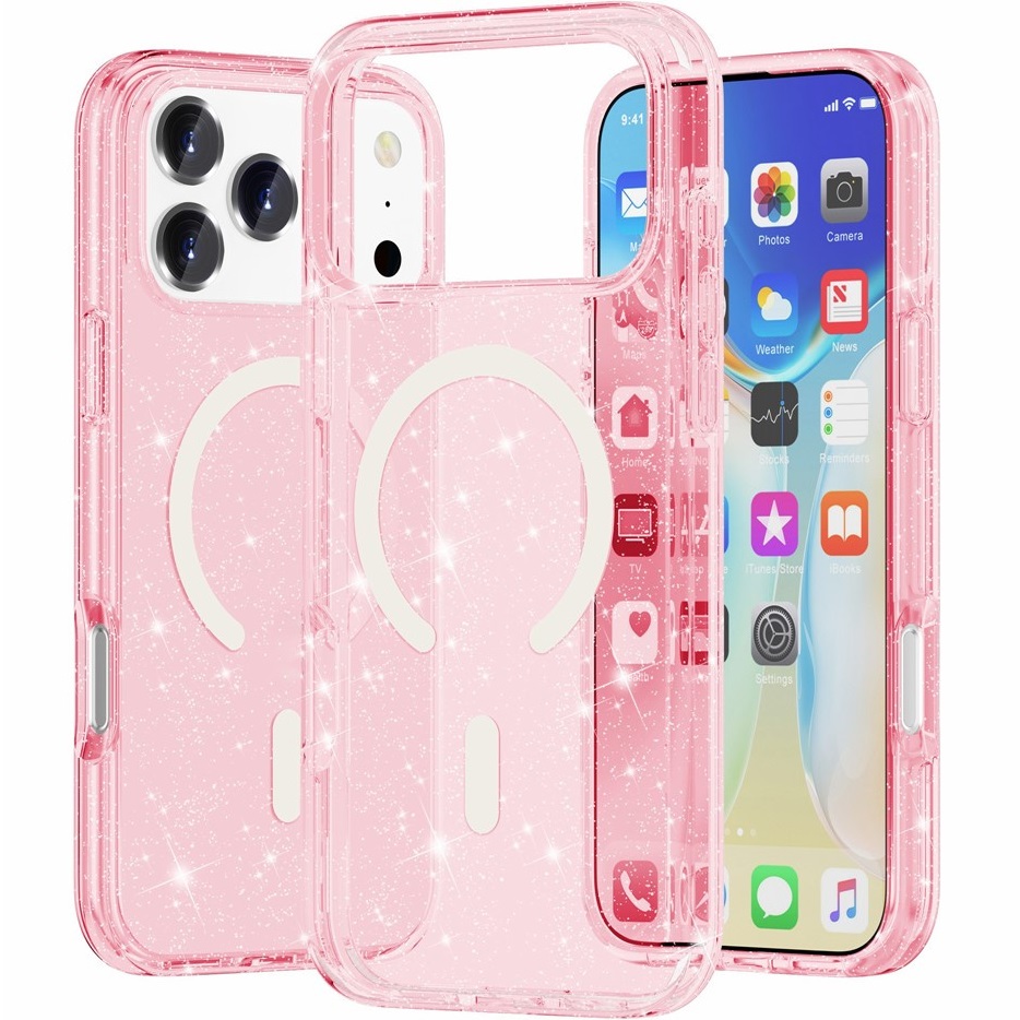 Etui do iPhone 17 Pro, do MagSafe, brokatowe, półprzezroczyste różowe