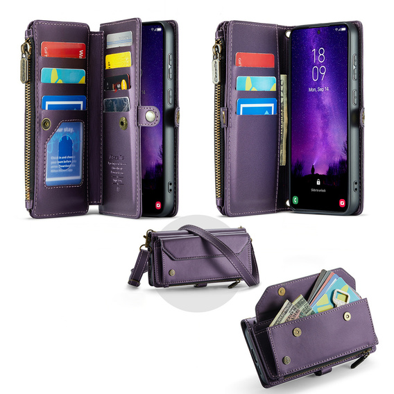 Etui CASEME do Samsung Galaxy S25 FE, RFID Leather Wallet, z paskiem na ramię, fioletowe