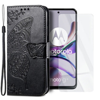 Zestaw Etui do Motorola Moto G73 5G, z klapką portfel, Motyl, Czarne + szkło