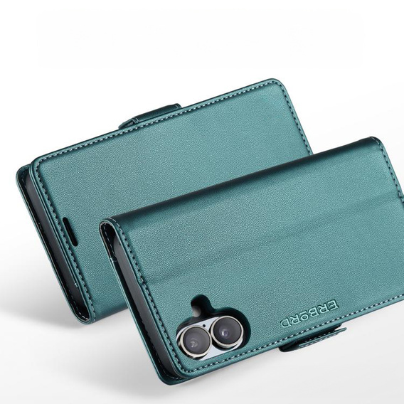 Etui do iPhone 17, ERBORD Glossy Litchi, portfel z klapką, zielone