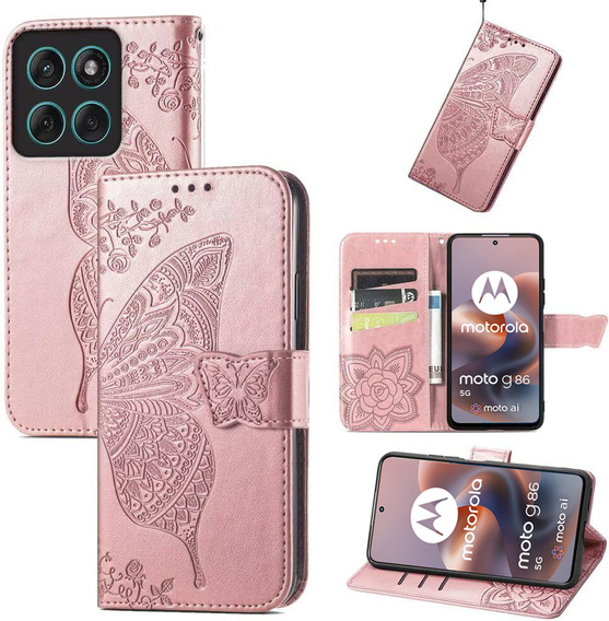 Etui z klapką do Motorola Moto G86 5G, Butterfly, różowe rose gold