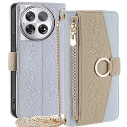 Etui z klapką do OnePlus 12 5G, Wallet Zipper Pocket, z lusterkiem, niebieskie