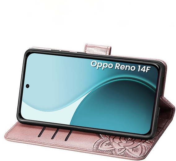 Etui z klapką do Oppo Reno 14 F / 14 FS, z wytłoczonym wzorem motyla, różowe rose gold