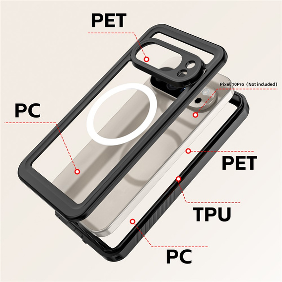 Etui Wodoodporne IP68 do Google Pixel 10 Pro, Redpepper, do MagSafe, przezroczyste z czarną ramką