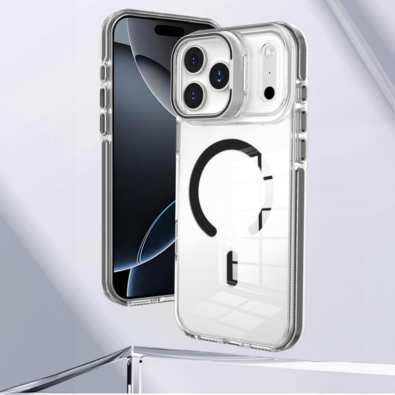 Etui do iPhone 17 Pro, do MagSafe, z podstawką, przezroczyste z czarnymi akcentami