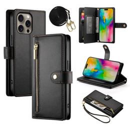 Etui z klapką do iPhone 16 Pro, Wallet Zipper Pocket, czarne