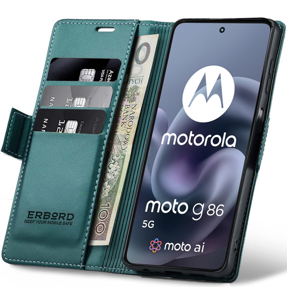 Funkcja podstawki i magnetyczna klapka w etui ERBORD Glossy Litchi do Motorola Moto G86 5G