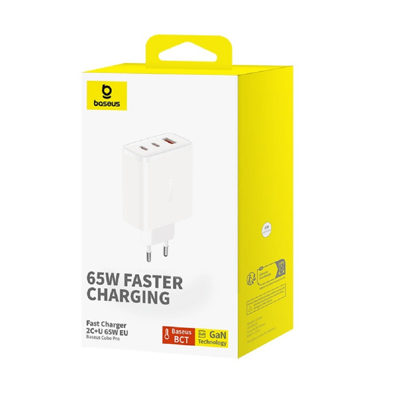 Baseus Cube Pro – uniwersalna ładowarka 65 W (2× USB‑C + 1× USB‑A), biała